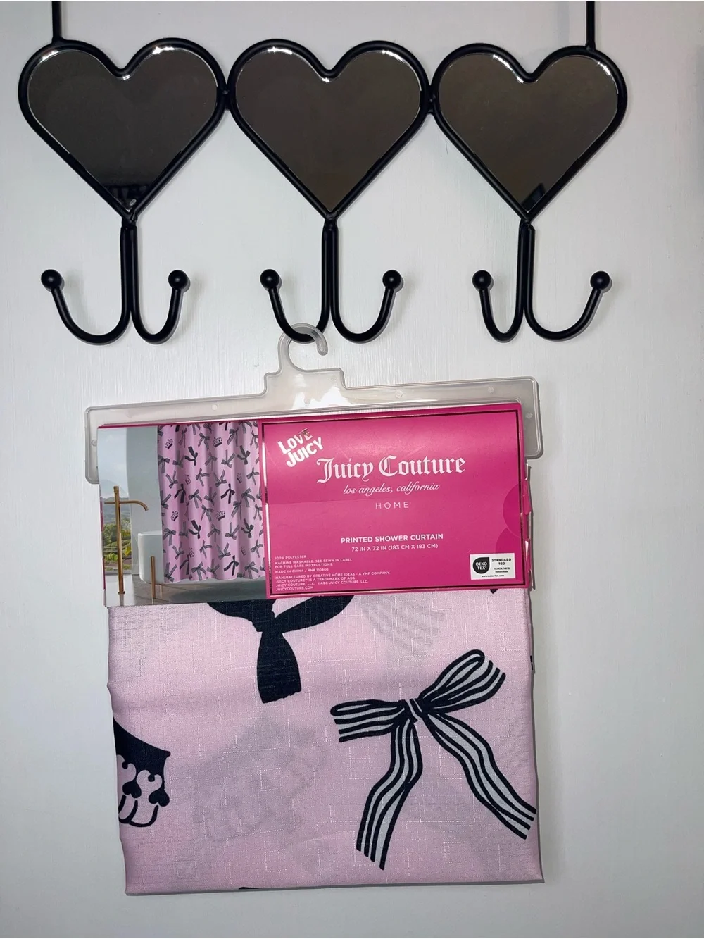 NWT Juicy Couture Pink and Black Bow-Print Shower Curtain
